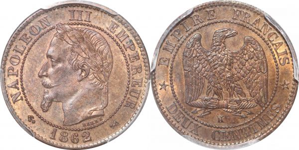 France 2 Deux Centimes Napoléon III Tête laurée 1862 K PCGS MS64