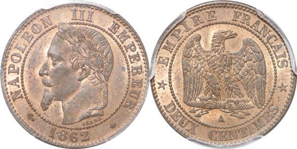France 2 Deux Centimes Napoléon III Tête laurée 1862 A Paris PCGS MS63