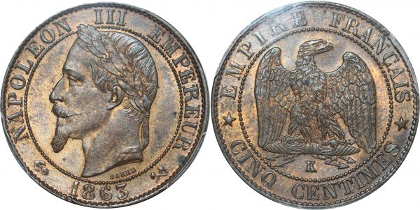 France 5 Centimes Napoléon III 1863 K Bordeaux PCGS MS63 RB 