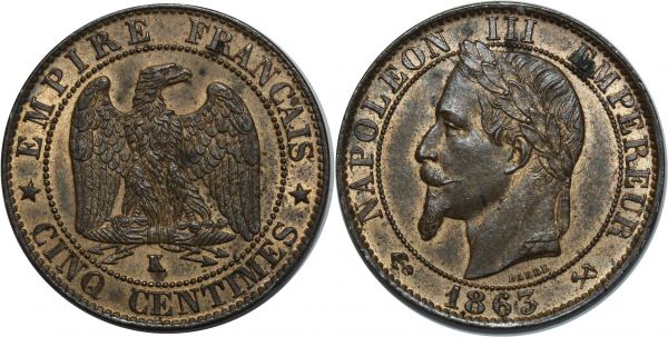 France 5 Centimes Napoléon III 1863 K Bordeaux SPL PCGS MS63 