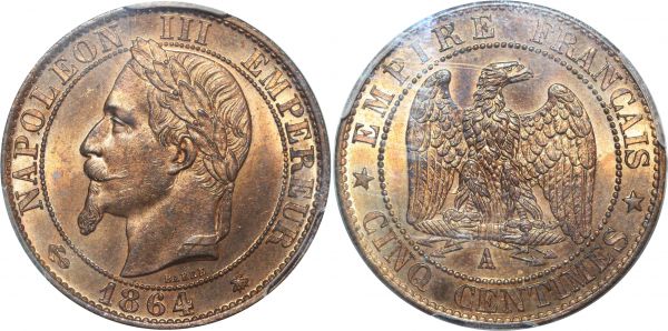 France 5 Centimes Napoléon III 1864A PCGS MS63 