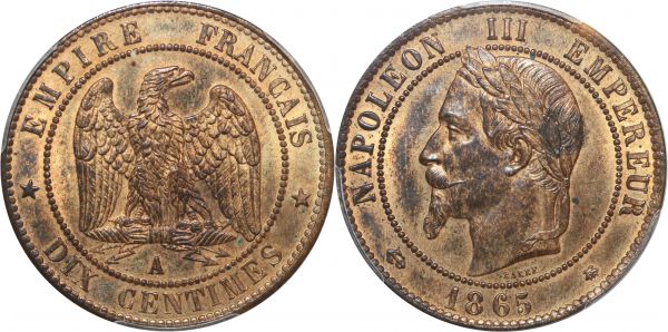 France 10 Centimes Napoléon III 1865 A Paris PCGS MS63 RB