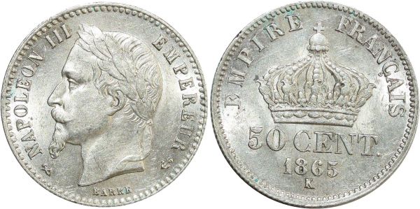 France 50 Centimes Napoléon III 1865 K Bordeaux Argent PCGS MS62