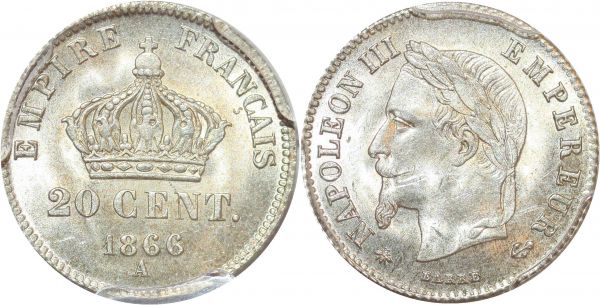 France 20 Centimes Napoléon III 1866 A Paris Silver PCGS MS65 