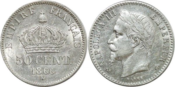 France 50 Centimes Napoléon III 1866 K Bordeaux Argent Silver PCGS AU55