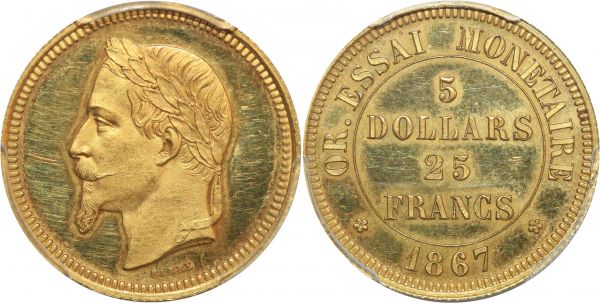 France 5 Dollars 25 Francs Pattern Essai Napoléon III OR GOLD 1867 PCGS SP62+