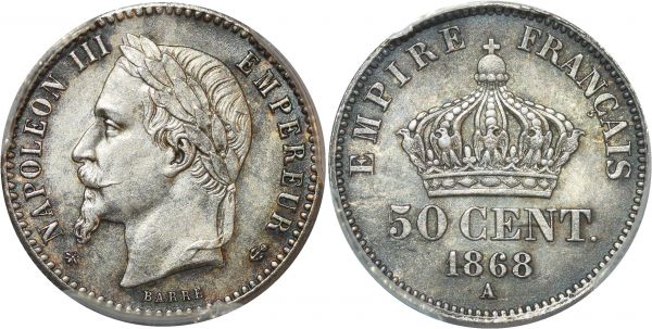 France 50 Centimes Napoléon III 1868 A Paris Silver PCGS MS63 