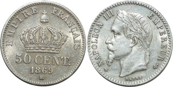 France 50 Centimes Napoléon III 1869 BB Strasbourg Argent PCGS AU55