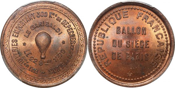 France 10 Centimes Balloon Essai Siège Paris Garibaldi 1870 PCGS MS66