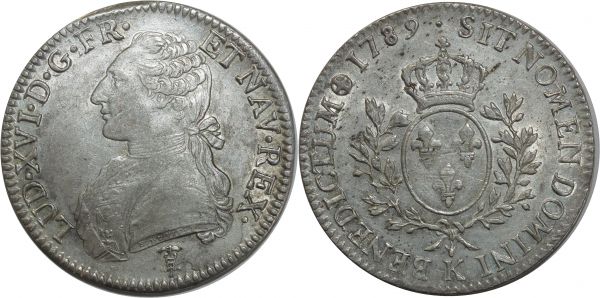 France Ecu Louis XVI 1789 K Bordeaux Argent Silver PCGS AU53