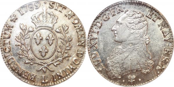 France Ecu Louis XVI 1789 L Bayonne Argent Silver ANACS AU53