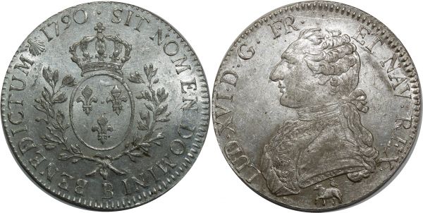 France Ecu Louis XVI 1790 B Rouen Argent Silver PCGS MS61