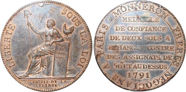 France Constitution 1791-1792 2 sols Monneron Frères An III PCGS MS62