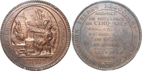 France 5 Sols Monneron Monnaie Confiance 1792 PCGS MS63