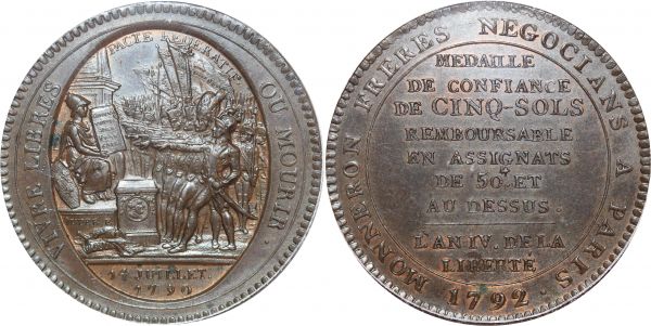 France Monneron de 5 sols 1792 AN IV pacte fédératif Dupré PCGS MS63