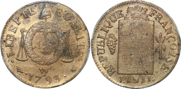 France Sol aux balances métal cloche 1793 W Lille PCGS UNC