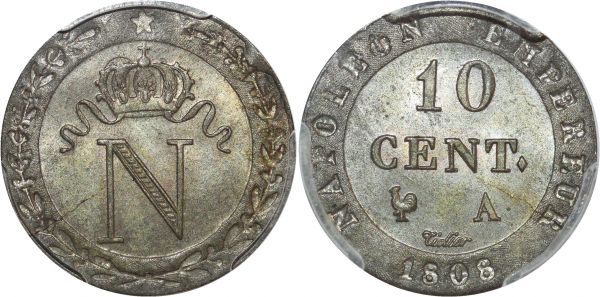 France 10 Centimes Napoléon I 1808 A Paris Frappe Médaille PCGS MS64