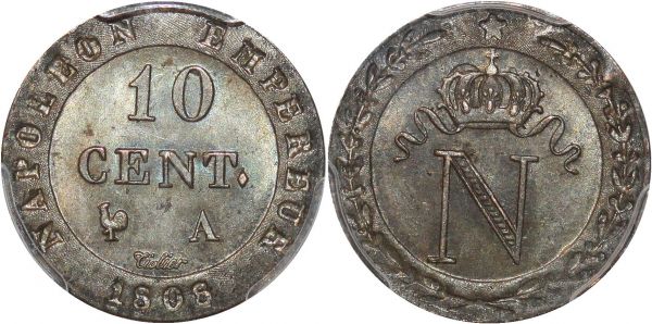France 10 centimes napoléon 1er 1808 Paris Frappe Medaille PCGS MS65