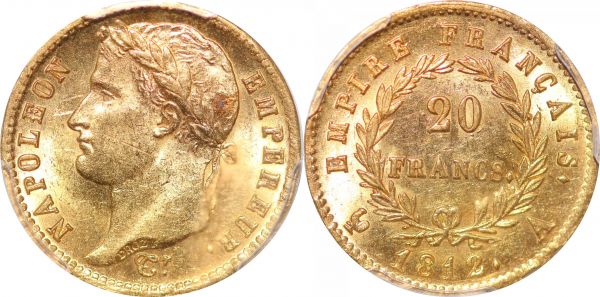 France 20 Francs Or Gold Napoléon I 1812 A Paris PCGS MS62