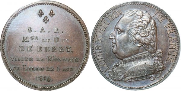 France 5 Francs Essai Duc Berry Louis XVIII 1814 Monnaie Lille PCGS SP62
