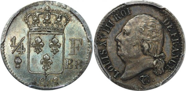 France 1/4 Louis XVIII 1817 BB Strasbourg Argent Silver PCGS AU58