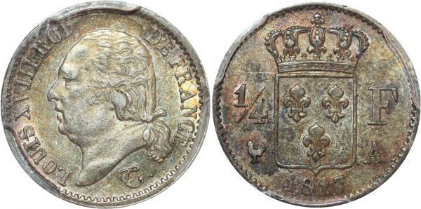 France 1/4 Franc Louis XVIII 1817 A Paris  Argent Silver PCGS M62