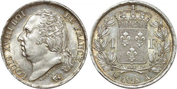 France 1 Franc Louis XVIII 1818 A Paris Argent Silver PCGS MS63
