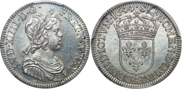 France 1/4 Ecu Louis XIV 1644 A Argent PCGS MS62 