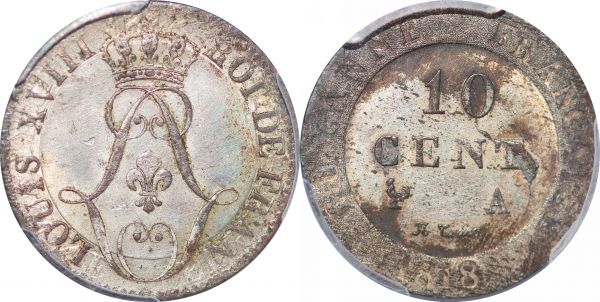 French Guiana Colonies 10 Centimes Louis XVIII 1818 A PCGS AU55 