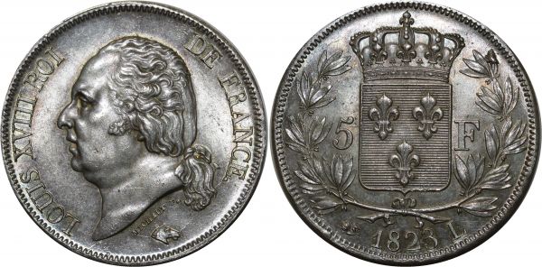France 5 Francs Louis XVIII 1823 L Bayonne Argent Silver PCGS MS62