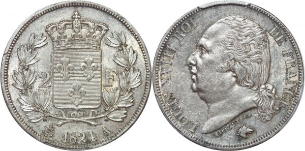 France 2 Francs Louis XVIII 1824 A Paris Argent Silver PCGS AU55 
