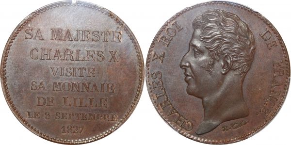 France 5 Francs Charles X Essai 1827 Visite de Lille PCGS SP63