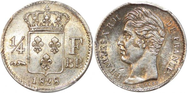 France 1/4 Franc Charles X 1828 BB Strasbourg Argent Silver PCGS MS62 