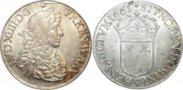France Ecu Louis XIV Juvénile 1665 9 Rennes Silver PCGS AU58 