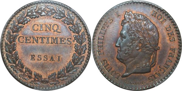 France 5 Centimes Louis-Philippe I Essai 1830 1845 PCGS SP64 BN