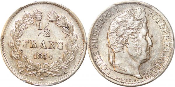 France 1/2 Franc Louis Philippe 1834 A Paris Argent PCGS AU53