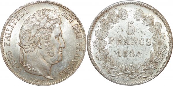 France 5 Francs Louis Philippe 1834 La Rochelle PCGS MS62 