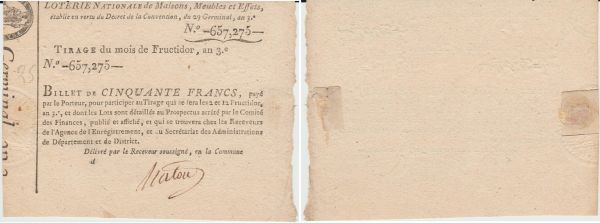 France - Période Révolutionnaire - Billet de loterie nationale - Billet de 50 francs  3 Fructidor An 3 (20/08/1795)