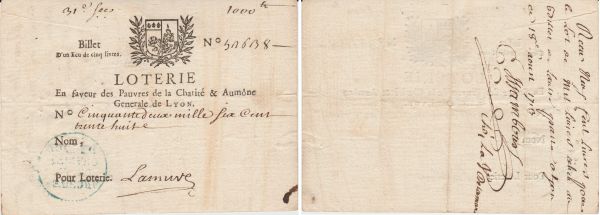 France - Période Révolutionnaire - Billet de loterie de Lyon - Billet d'un écu de 5 livres