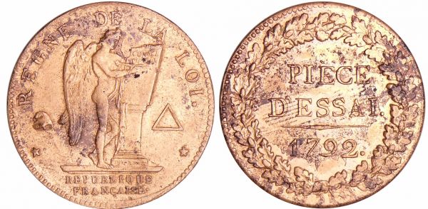 Convention (1792-1795) - Pièce d'essai au module de 1 sol 1792 A/ REGNE DE LA LOI // REPUBLIQUE FRANCAISE Le Génie à droite. R/ PIECE D'ESSAI 1792 dans une couronne. Frappe monnaie. (REF: Maz.341)