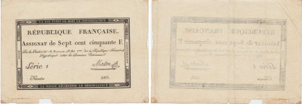 France - Période Révolutionnaire - Assigant de 750 francs, 18 nivose An 3 (7 janvier 1795) (REF: Laf.174a)