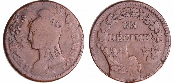 Directoire (1795-1799) - 1 décime Dupré - Double frappe retournée décentrée An 5 W (Lille) Très rare fautée de la révolution. (REF: Ga.187-F.129-EM.425)