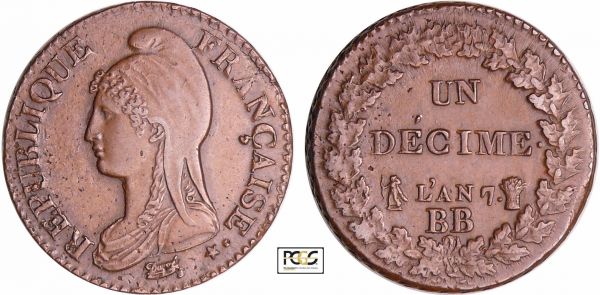 Directoire (1795-1799) - 1 décime Dupré - grand module An 7 BB (Strasbourg) monnaie de poids lourd PCGS #37563161. (REF: Ga.187-F.129)