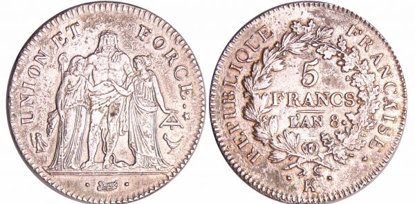 Consulat (1799-1804) - 5 francs Hercule union et force An 8 K (Bordeaux) (REF: Ga.563-F.287)