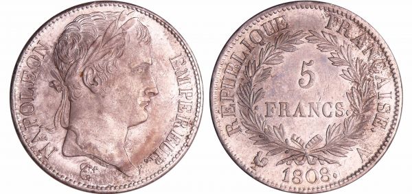 Napoléon 1er (1804-1814) - 5 francs revers république 1808 A (Paris) (REF: Ga.583-F.306)