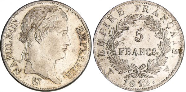 Napoléon 1er (1804-1814) - 5 francs revers empire 1812 W (Lille) (REF: Ga.584-F.307)