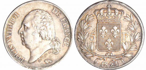 Louis XVIII (1815-1824) - 5 francs au buste nu 1824 I (Limoges) (REF: Ga.614-F.309)