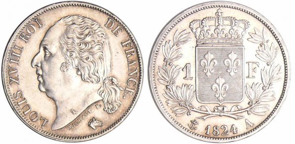 Louis XVIII (1815-1824) - 1 franc au buste nu 1824 A (Paris) (REF: Ga.449-F.206)