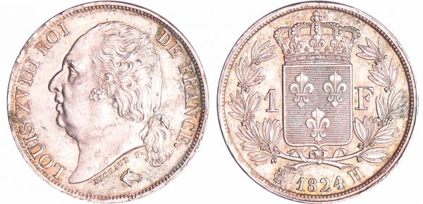 Louis XVIII (1815-1824) - 1 franc au buste nu 1824 H (La Rochelle) Monnaie d'une qualité supérieure à celle de la collection idéale du Franc (AU 52). (REF: Ga.449-F.206)