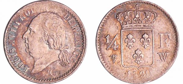 Louis XVIII (1815-1824) - 1/4 de franc buste nu 1820 W (Lille) Monnaie frappée à 5882 exemplaires. (REF: Ga.352-F.163)